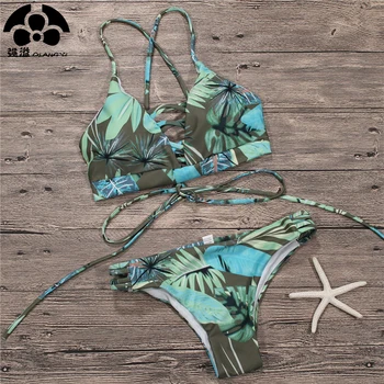 

QIANG YI Sexy Bikini Set Swimwear Women Swimsuit Push Up Woman's Bikinis Bathing Suit Brazilian May Leaf Print 2019 Summer New