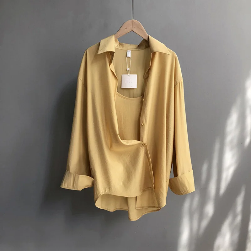 Werynica шифоновая блузка+ жилет 2 шт. модные женские блузки с длинным рукавом и топы однотонные офисные рубашки повседневные топы Blusas - Цвет: yellow