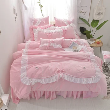 

IvaRose Korean style bedding sets Fleece fabric 4pcs Bedlinen King Queen warm winter duvet cover+bed skirt+pillowcase