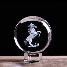 3D Laser Etched Zodiac Horse Crystal Ball Miniature Animal Collectible Figurines Feng Shui Glass Sphere Home