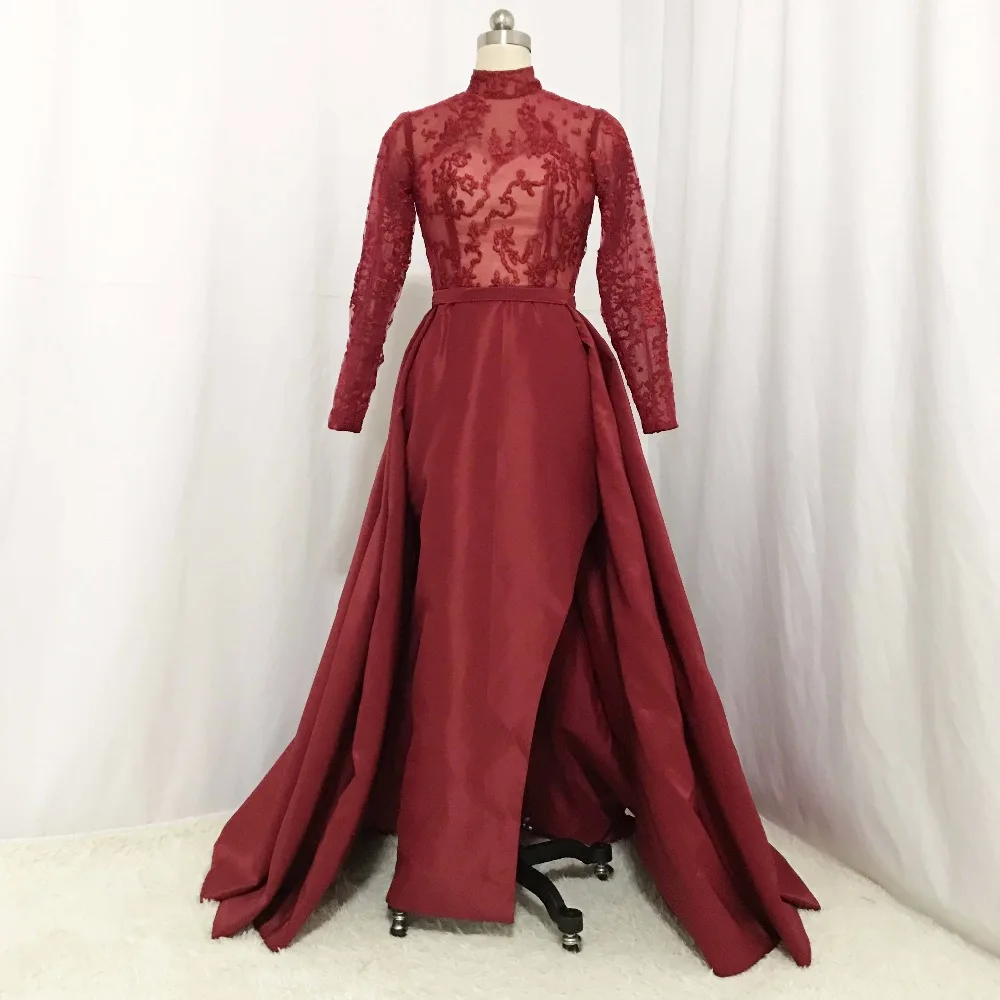 Дизайнерские Vestidos De Formature кружево с высоким воротником Длинные рукава с боковыми разрезами Выпускные платья Burgundy с юбкой