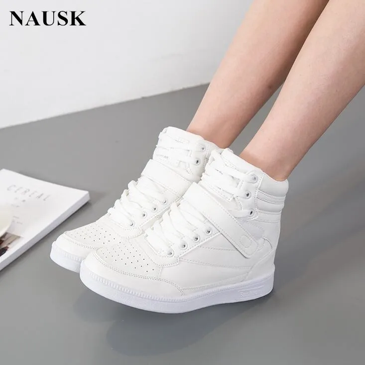 

2018 Women Casual Shoes Espadrilles Platform Hidden Increasing Sneakers PU Leather Shoes Woman Breathable High Top White Shoes