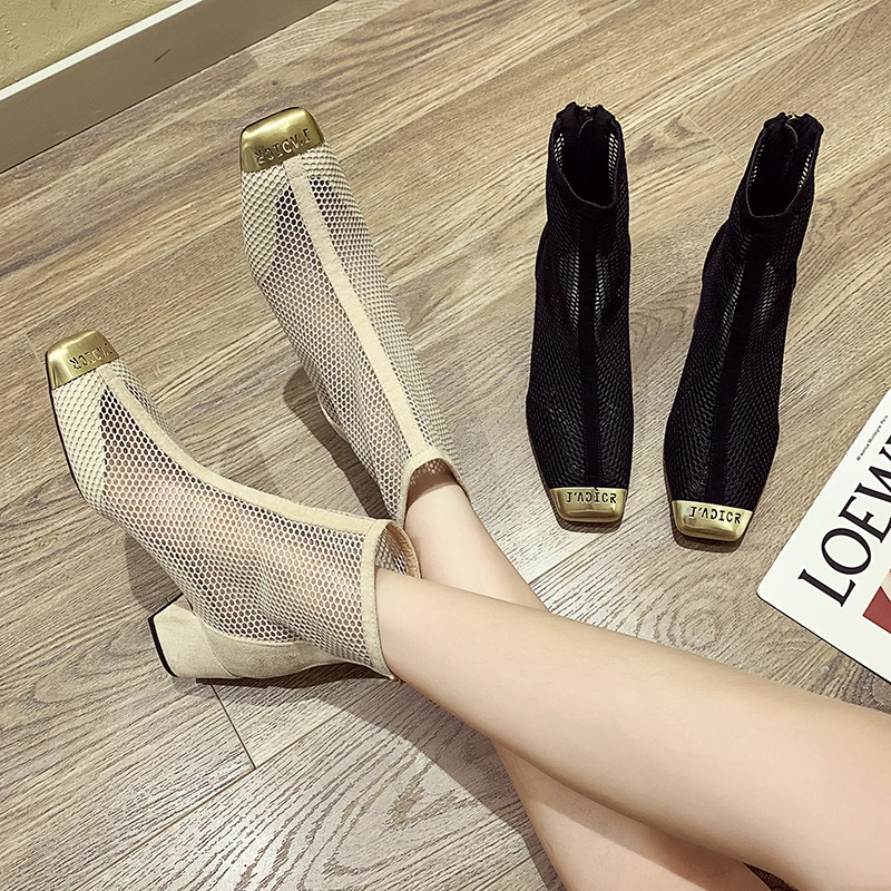

Women's shoes boots 2019 new summer metal square mesh mesh breathable thick with ankle boots