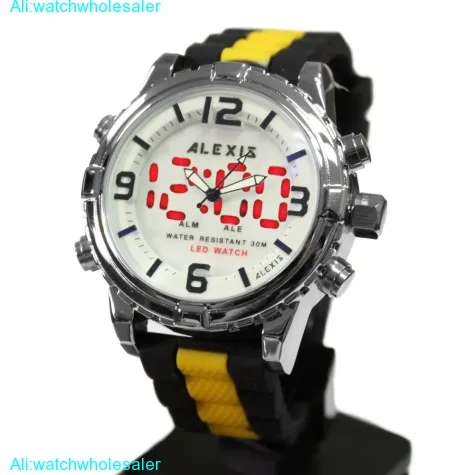 AW801D Water Resist Silicone Black Band Boy Girl Dual Time Alexis Anadigit Watch