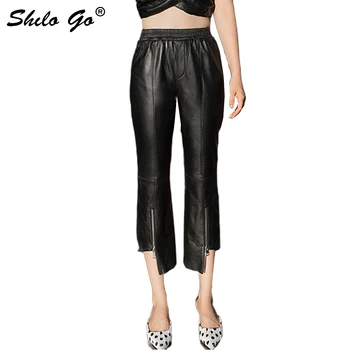 

Streetwear Leather Pants Women Casual Elastic High Waist Asymmetrical Zip Trousers Sheepskin Genuine Leather Flare Pants Female