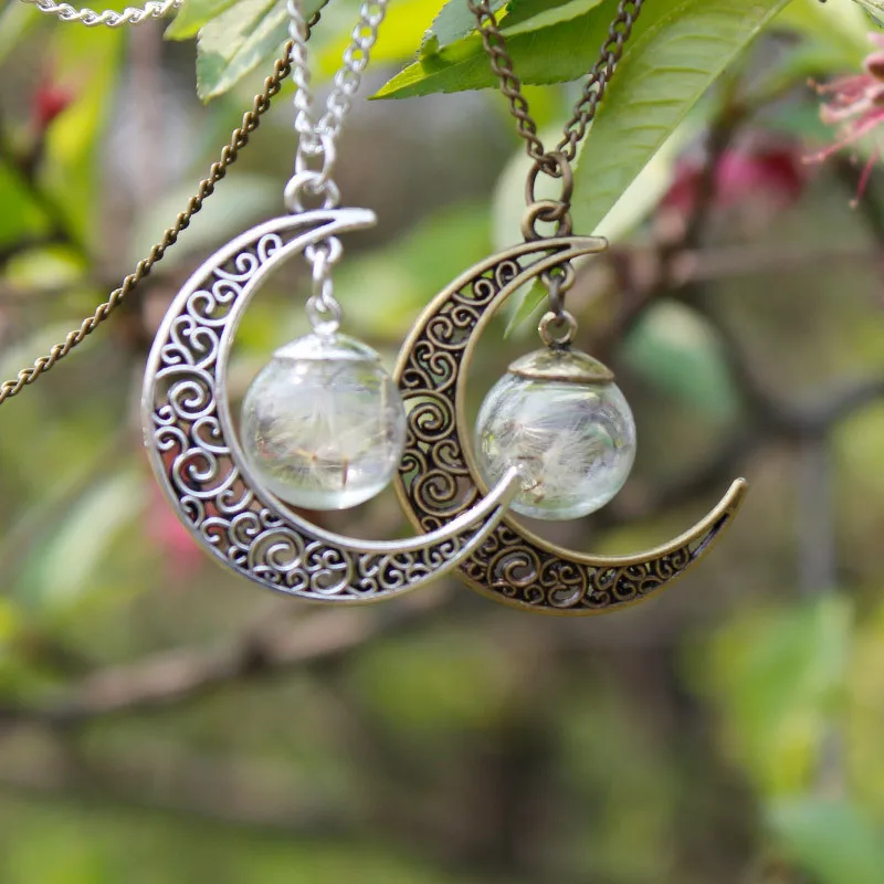 

SHUANGR Antique silver Bronze vintage plant moon pendant time moonlight Dried Flower Necklace pendant For Women Jewelry Gift
