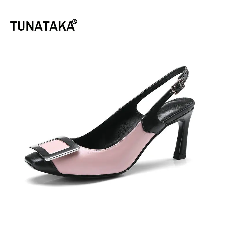 

Genuine Leather Slingbacks Buckle Woman Pumps Hoof High Heel Square Toe Dress High Heel Shoes Woman Beige Pink
