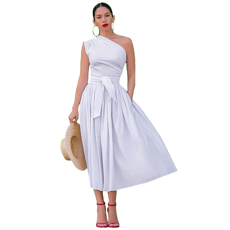 

Best Elegant Women Dress 2019 New Sexy Summer Loose Beach Lace Tshirt Dress Women One Shoulder Sashes Slim Casual Dress Vestidos