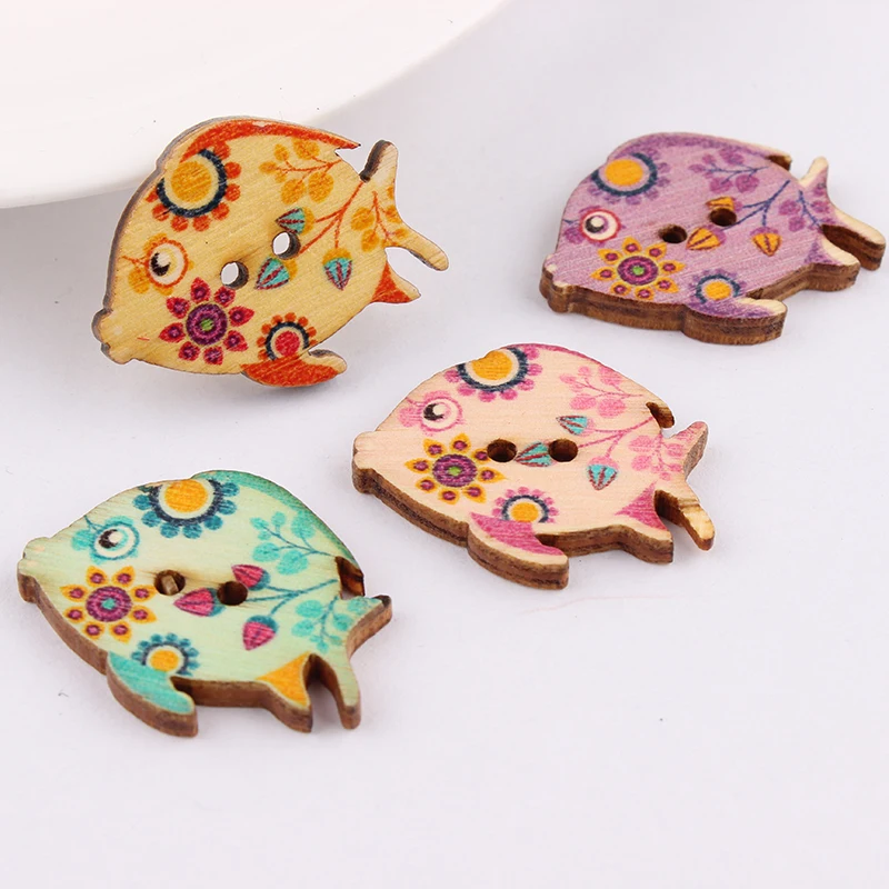 Wholesale 24*30mm 50pcs Mixed Color Fish Wooden Buttons For Handmade Craft Fit Sewing And Scrapbooking Accessories 2 Holes | Дом и сад