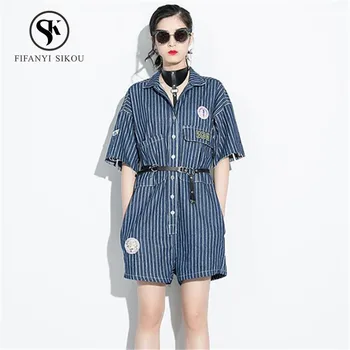

2019 Summer Stripe Denim Jumpsuit Shorts women Fashion Print Pocket Loose Overalls Female Short sleeve Jeans Romper Streetwear