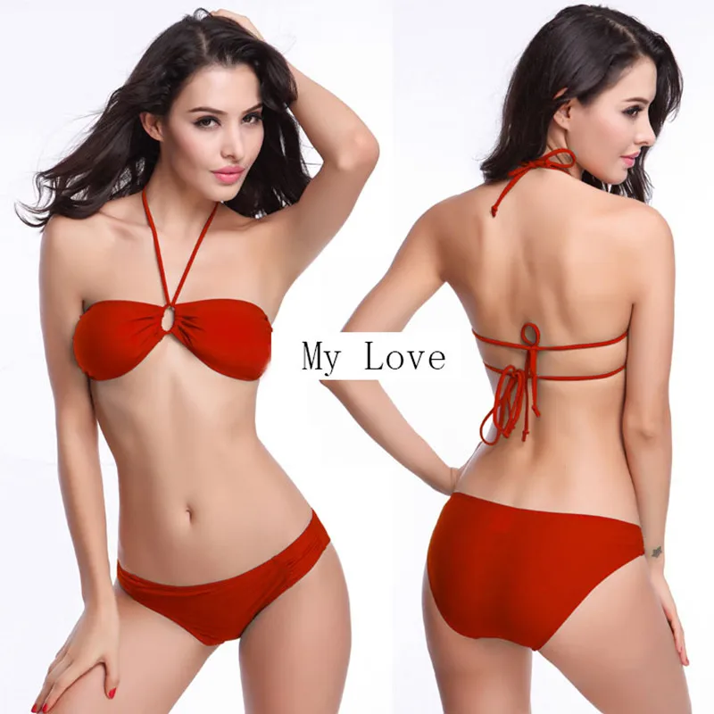 

Free shipping Halter push up bikini Padded Beach swimwear women strappy sexy Bikinis set Cute Brazilian Biquini bath suit  E082