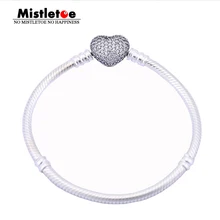 Аутентичные стерлингового серебра 925 проложить сердце браслет, ясно CZ браслет Для женщин цепи змейки Fit Eurpeon Европейский ювелирные изделия