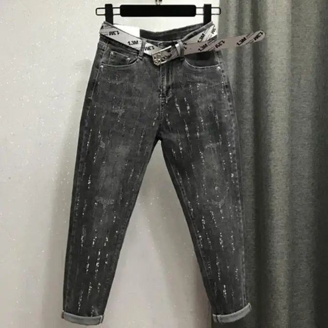 Тяжелая работа Горячая бурение дымчато-серые джинсы женские с высокой талией свободные лодыжки длина шаровары размера плюс 26-31 - Цвет: dark gray