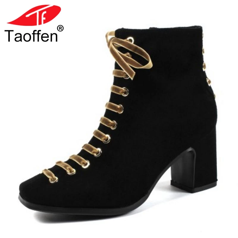 

TAOFFEN Size 34-42 Ankle Boots Women Real Leather Shoes Woman Winter Autumn High Heel Boots Bowknot Tied New Fashion Shoes