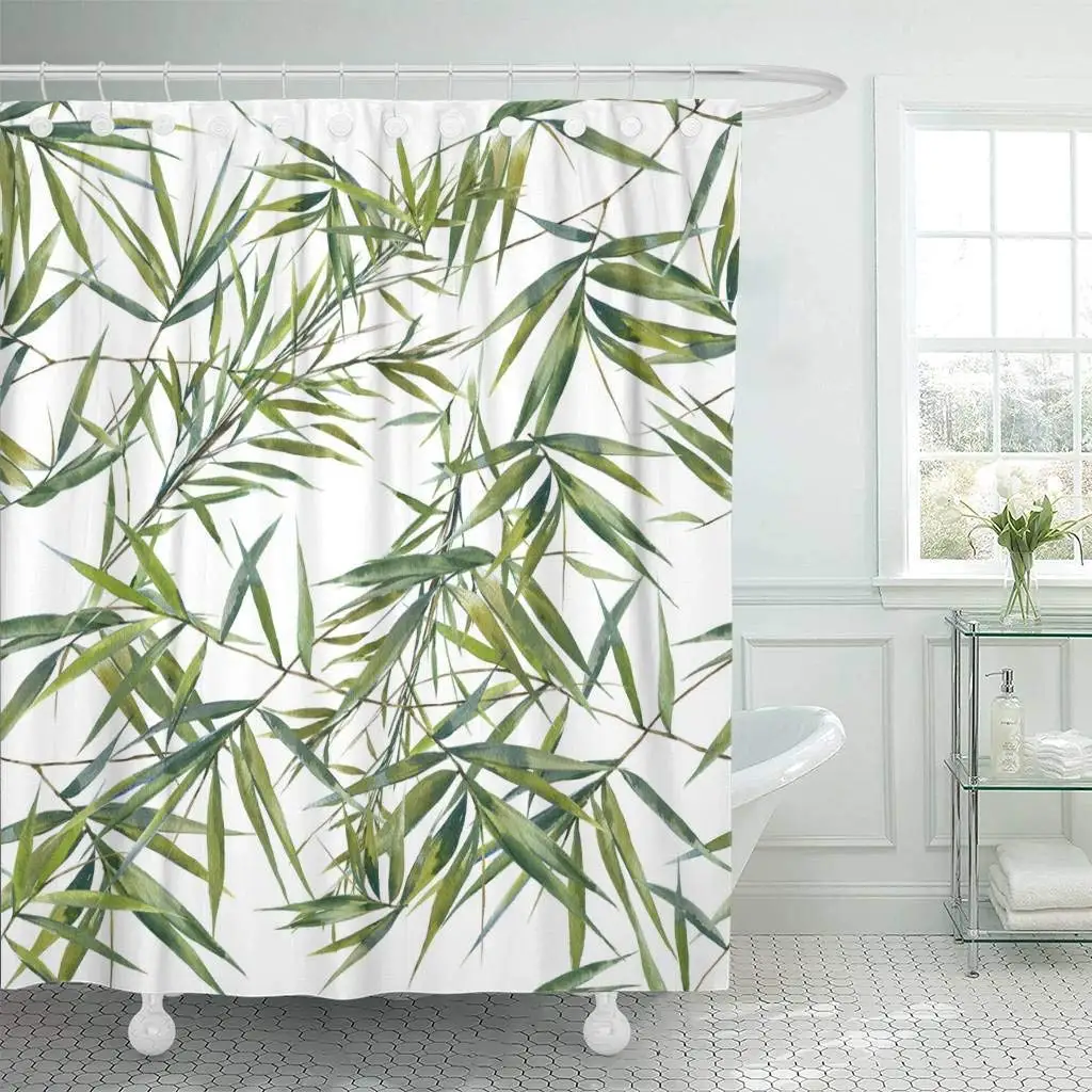 

Fabric Shower Curtain with Hooks Colorful Drawing Watercolor of Bamboo Leaves on White Green Botanical Tropics Tree