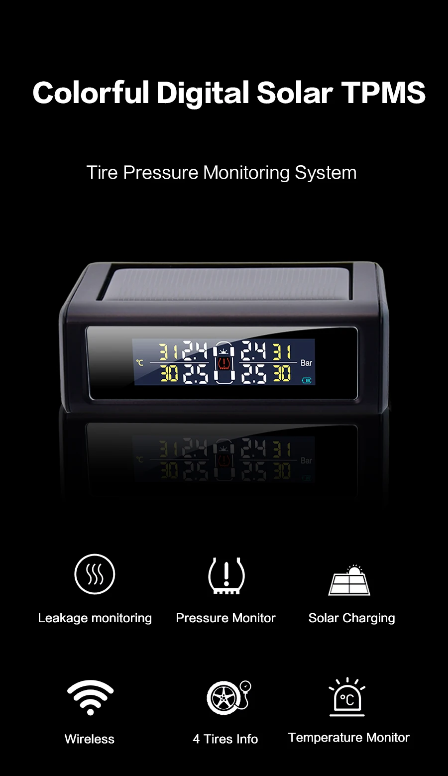 Kommander автомобилей TPMS шин Давление мониторинга Системы солнечной зарядки HD цифровой ЖК-дисплей Дисплей Автоматическая сигнализация Системы Беспроводной с Сенсор