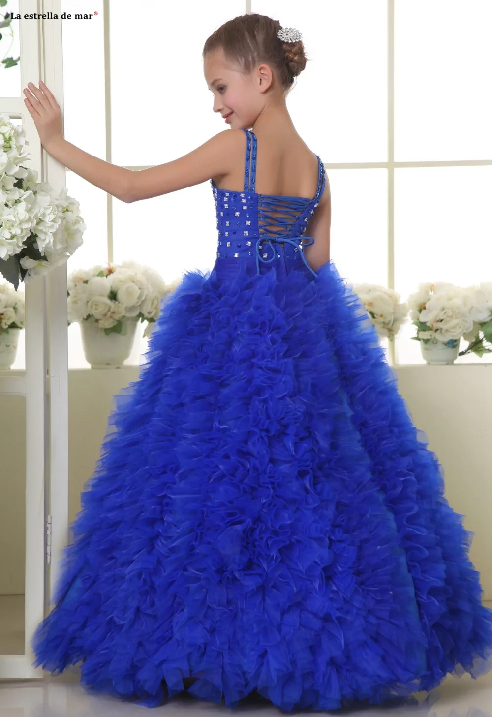 Детский мяч gown2019 Тюль Кристалл сексуальный v-образным вырезом линия ярко-голубой цветок девушка платье длинное vestidos de primera comunion на заказ