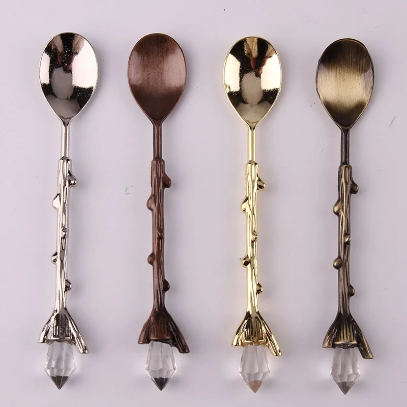 

1Pcs Alloy Crystal Retro Court Tree Branch Small Spoonful Dessert coffee Tea Spoon 4 Color