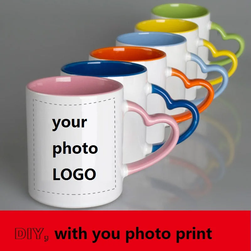 

Ceramic mug DIY photo Heart shape handle Color inside and Color heart hand cup with customized pictures DIY images print MAZWEI