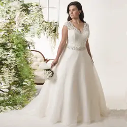 Плюс Размер Свадебные платья чашечки, рукава с бусинами Пояс платье невесты из органзы Vestidos De Novia спинки Vestido De Noiva 2019