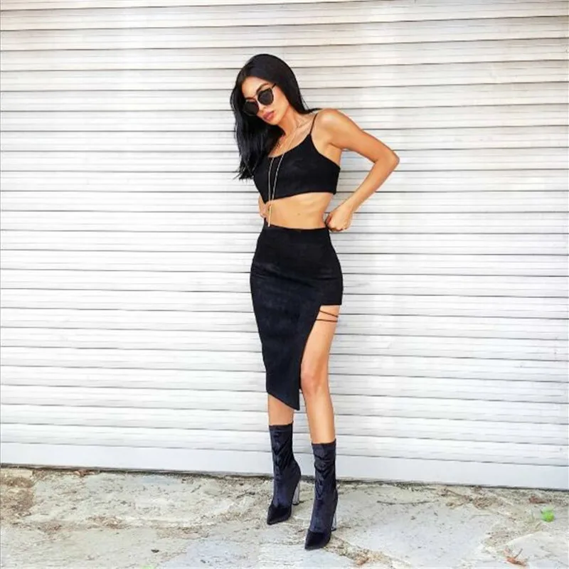 

MUXU vestidos bandage bodycon summer dress women sexy backless suspender two piece set suede dresses streetwear sundress clothes