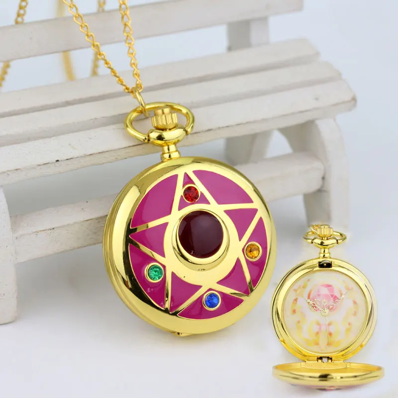 

Sailor Moon Pink Pocket Watch Gold Anime Cartoons Quartz Pocket Watches Analog Pendant Necklace Womens Girls Watches