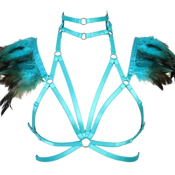 

Blue Feather Epaulettes Body Harness Bra Tops Bondage Sexy Hollow Out Strap Shoulder Pastel Steampunk Goth Rave Angel Wings
