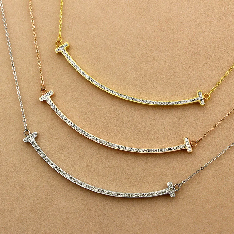 Gold color stainless steel letter T necklace chains women accessories collares, crystal smile
