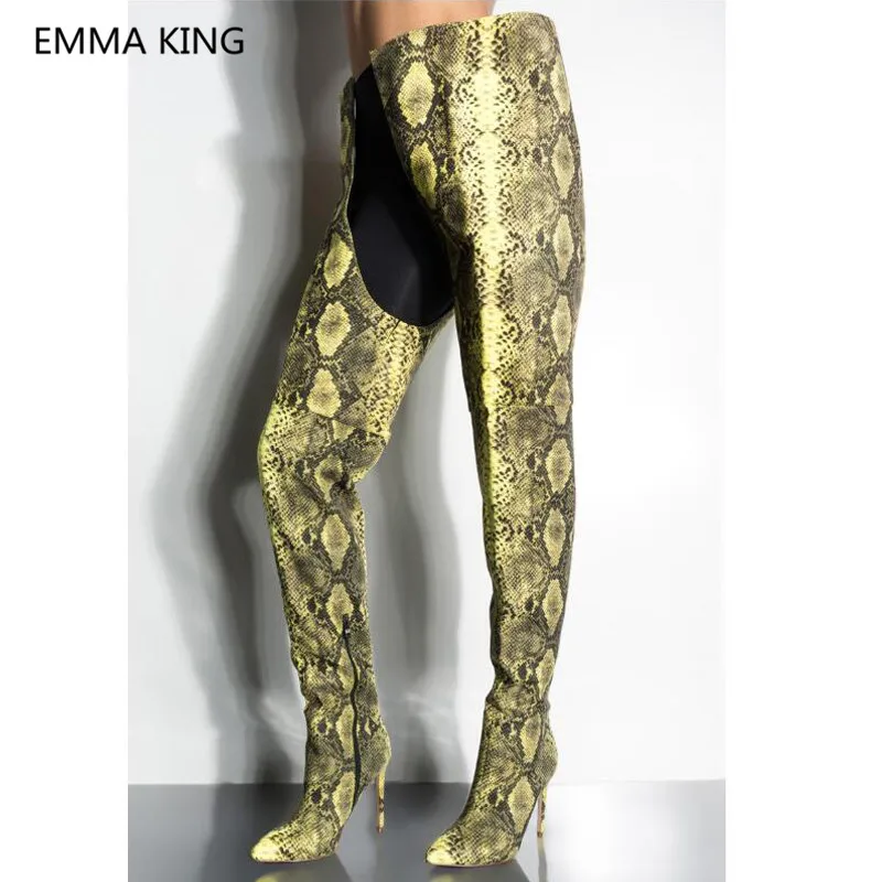 

Spreing New Sexy Snake Prints Thigh High Over The Knee Boots Women Pointed Toe High Heels Ladies Party Shoes Woman Botas Mujer