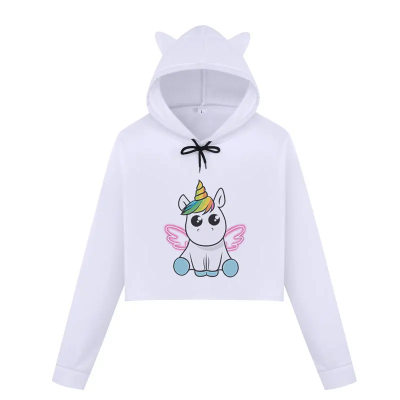 Kpop Angel Unicorn женские толстовки, зимняя толстовка, повседневный укороченный Топ Harajuku Kawaii с рисунком единорога, укороченный пуловер с капюшоном