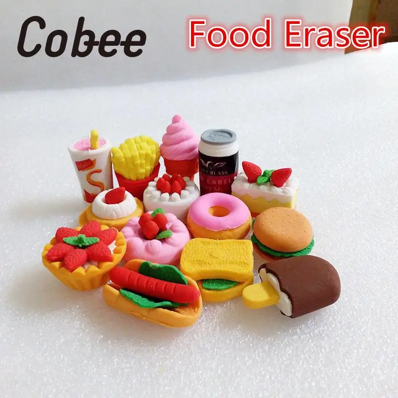 4Pcs Hamburger Cake Rubber Eraser Set Food Drink Fruit Eraser School Stationery