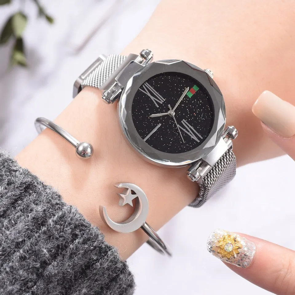 

Popular Women Watches Fashion Elegant Magnet Buckle Mysterious Silver Lady Wristwatch Starry Sky Roman Numeral Clock