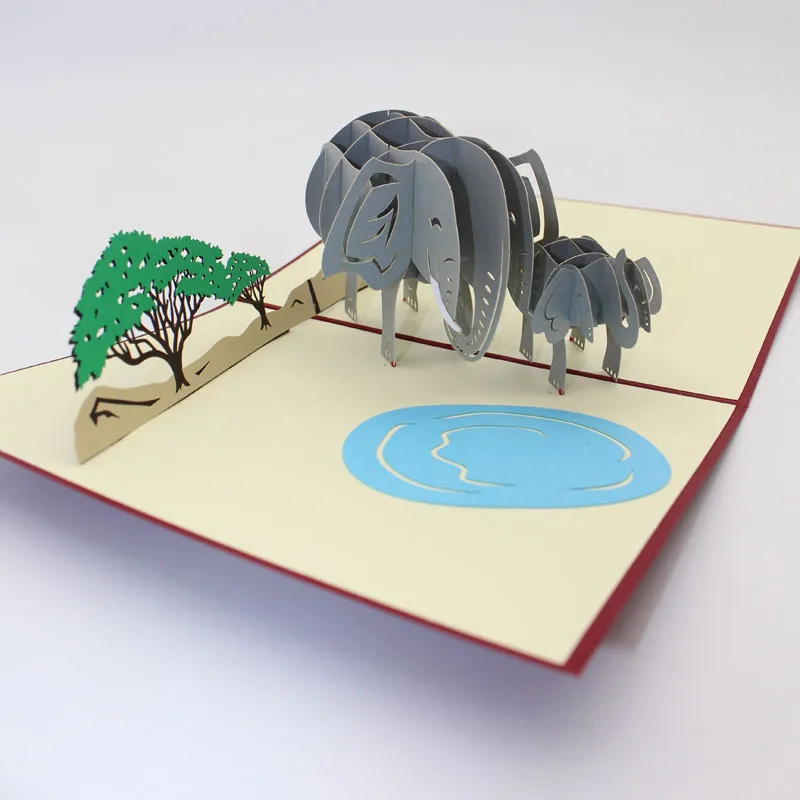 

3D Laser Cut Folding Handmade Thailand Cartoon Elephant Paper Invitation Greeting Cards+Envelope Birthday Creative Friend Gift