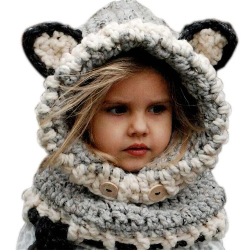 

LILIGIRL Toddler Baby Rough Wool Hand-Woven Cap Clothes 2018 Winter New Kids Warm Cartoon Grey Fox Hat for Girls Boys Clothing