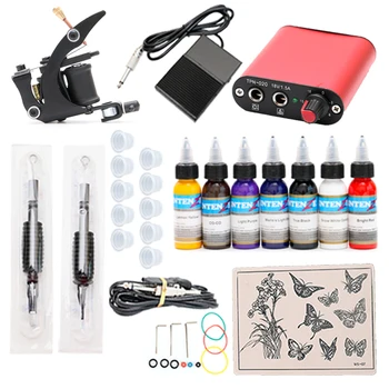 

Professional Tattoo Machine Gun With Practice Skin Grip Mini Power Supply 8 Ink Color Tattoo Kit TM207