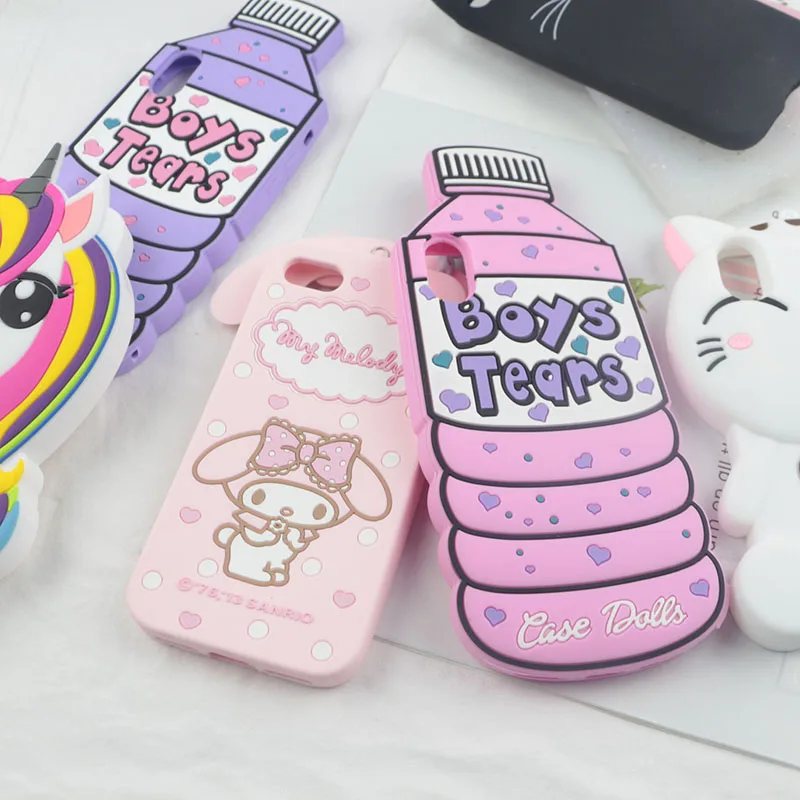 for iPhone 7 8 Plus X XS Max XR 9 4 4S 5 5S 6 6S Case 3D Cute Cartoon Soft Silicone Cover Lovely Cat Bottle Stitch Unicorn