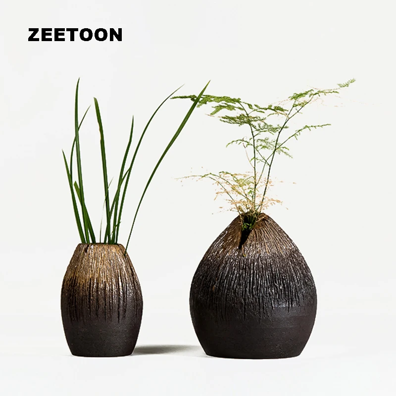 

Zen Japanese Style Floral Art Vintage Coarse Pottery Vase Hydroponics Jardiniere Pot Tabletop Flowers Jar Creative Home Decor