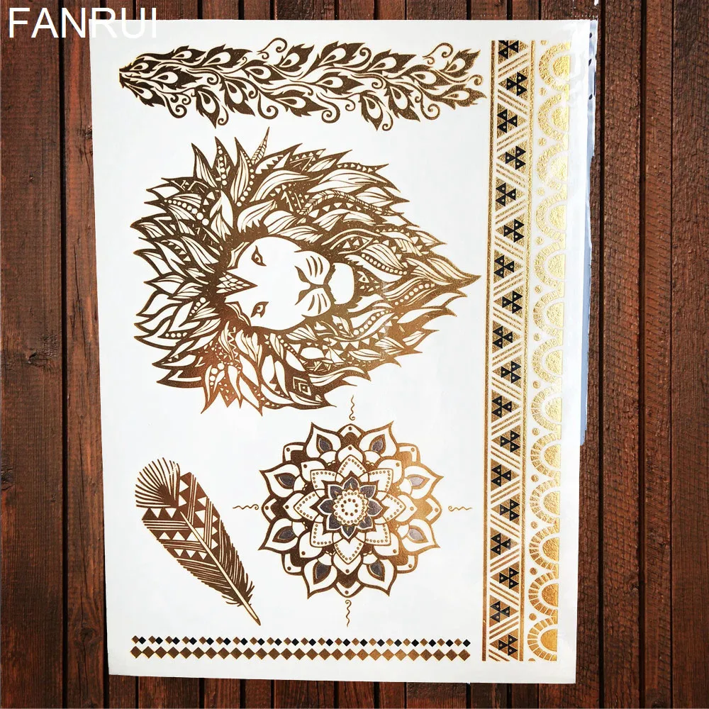 AJGold41 Серьги Henna Mandala Hamsa, золотые, металлические, Временные татуировки, наклейки Ganesha, для девушек, индийские цепочки, флеш-тату, для женщин, для ног, тату, браслет на руку - Цвет: AJGold41
