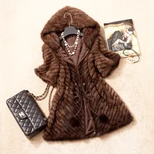 Spring Autumn Women’s Genuine Real Knitted Mink Fur Coat Jacket Short Sleeve Winter Women Fur Outerwear Coats Overcoat 3XL 1372