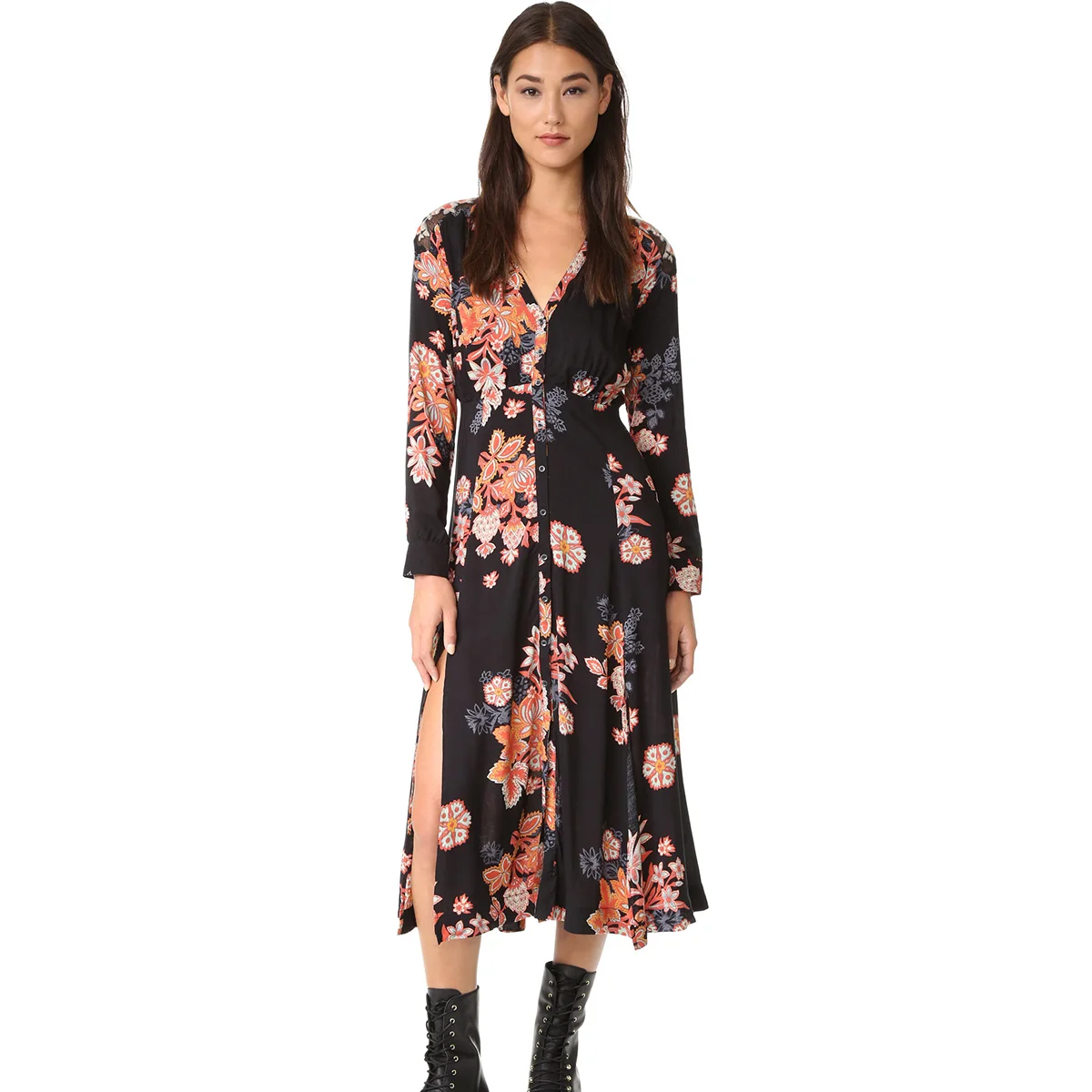 Miranda Printed Midi Dress Boho Long Sleeve V neck Summer Dress Women