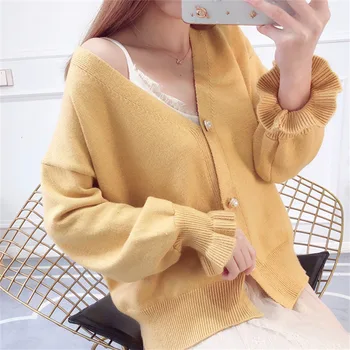 

The new spring 2019 fashion short sleeve knit sweater cardigan sweet joker loose lotus leaf coat female