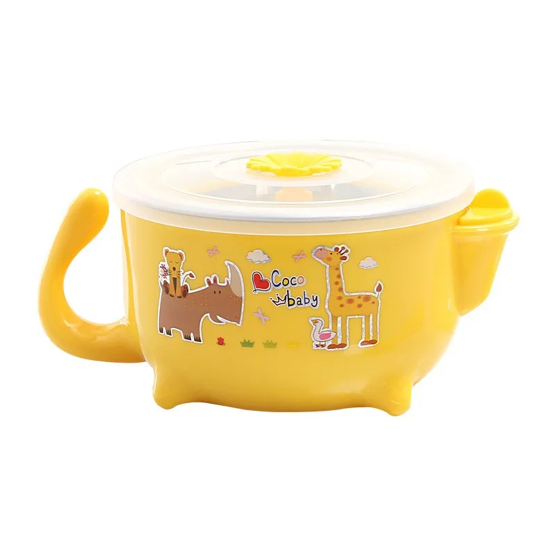 Детская тарелка BPA бесплатно мультфильм Нержавеющая сталь дети присоска миска для кормления еда теплая тарелка наполнение воды миска - Цвет: Цвет: желтый