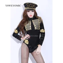 Сексуальное золотистое черное танцевальное трико с блестками для женщин, одежда для джазовых танцев, Сетчатое боди, стрейчевый комбинезон для ночного клуба, DJ, сценические костюмы