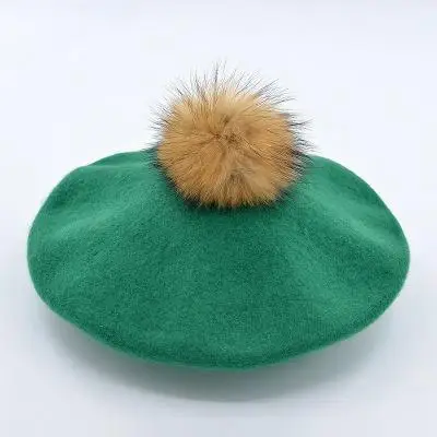 COKK, зимние шапки для женщин, шерстяной берет с натуральным мехом енота, шапка с помпоном, женский берет для девочек, мягкая теплая шапка Boina Feminina Gorras - Цвет: green