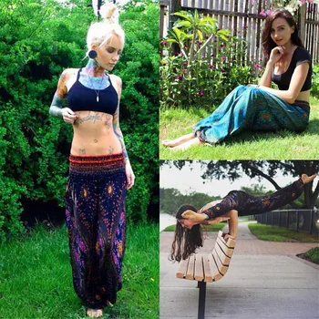 

2019 Women Beach Bohemian Pants Loose Print Floral Trousers Thai Harem Trousers Festival Hippy Smock High Waist Pants