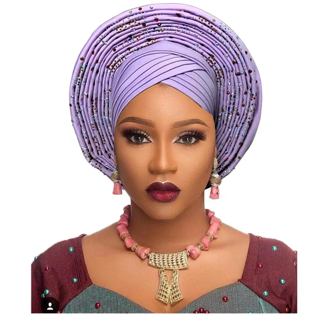 Традиционная африканская головная повязка, африканская шляпа, головной убор для женщин, нигерийский геле, тюрбан, повязка на голову, уже сделанная aso oke gele, головной убор - Цвет: lilac