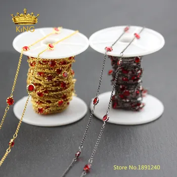 

5meters Beauty Chains Fashion Jewelry Supplies,Transparent Red Glass Wire Wrapped Flower Copper Round Coin Baeded Chains BH42