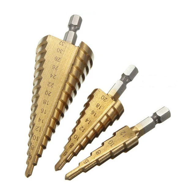 

3pcs/set HSS Step Drill Bit Set 4-32mm hexagonal handle core drill bit Titanium Coated cone Step hole cutter Metric