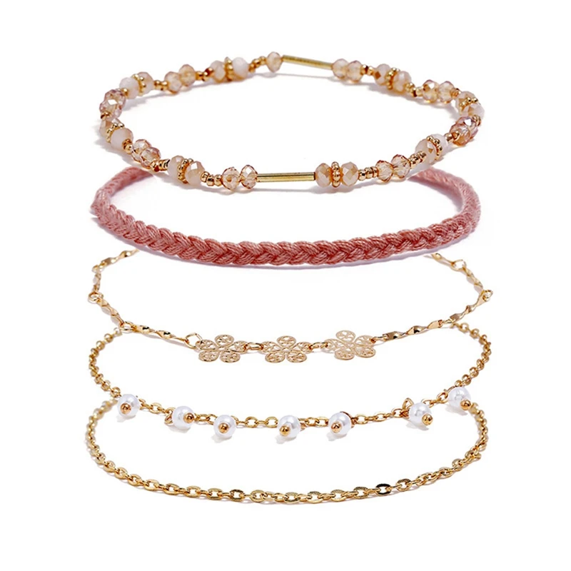 

5pcs/set Gold Color Simple Flower Bracelet Braided Thread Bohemian Geometric Summer Metal Chain Bracelet Statement Jewelry