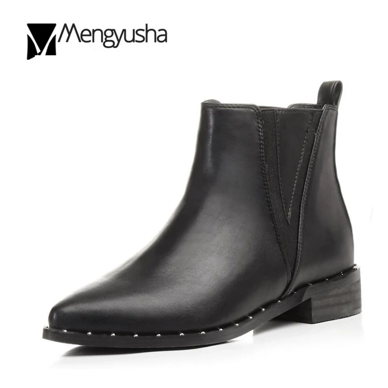 

Back rivets design woman short boots PU leather Chelsea boot low heels shoes pointed toe botas mujer ladies plus size 34-43 boot